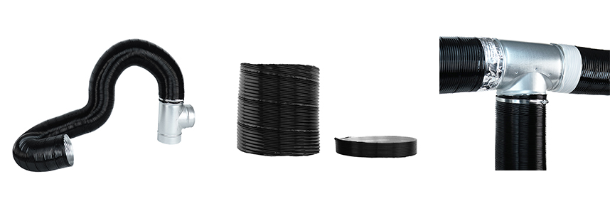 Czarne aluminiowe elastyczne kanały wentylacyjne Dalap ALUDAP można formować, rozciągać i montować według własnych potrzeb.