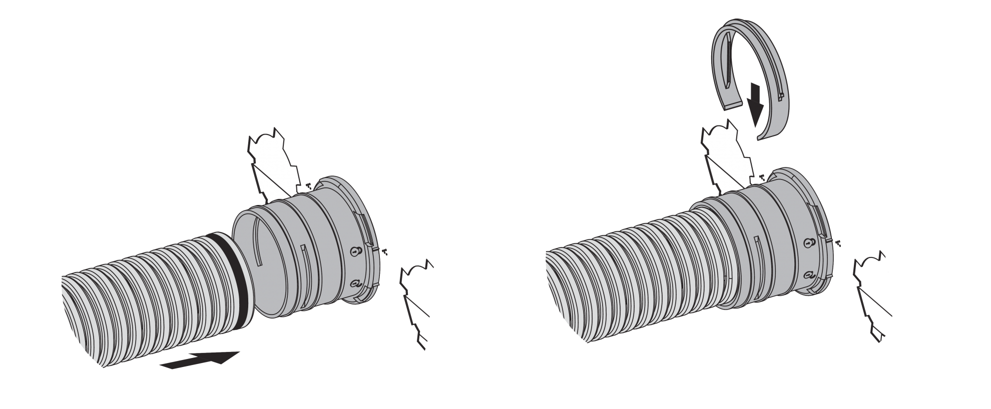 PIerścień zabezpieczający wykorzystuje się również przy łączeniu elastycznych kanałów systemu Dalap Flexitech z pozostałymi komponentami, takimi jak skrzynki rozdzielające czy adaptery do rozdzielania systemu wentylacyjnego